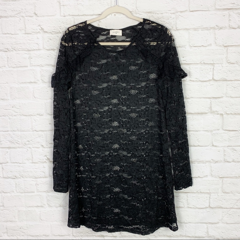 Everly Black Lace Ruffled Shoulder Sheer Dress - Picture 1 of 5